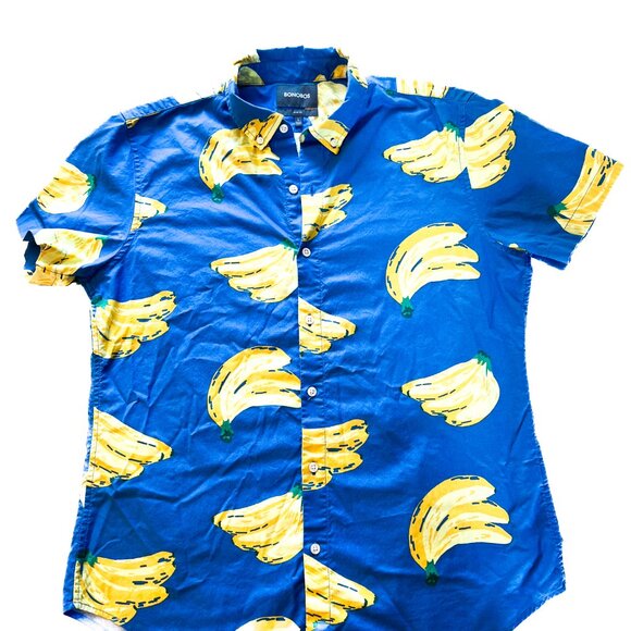 BONOBOS Banana Print Button Down Shirt Blue Buncha Bananas Riviera Short Sleeve - Picture 6 of 12